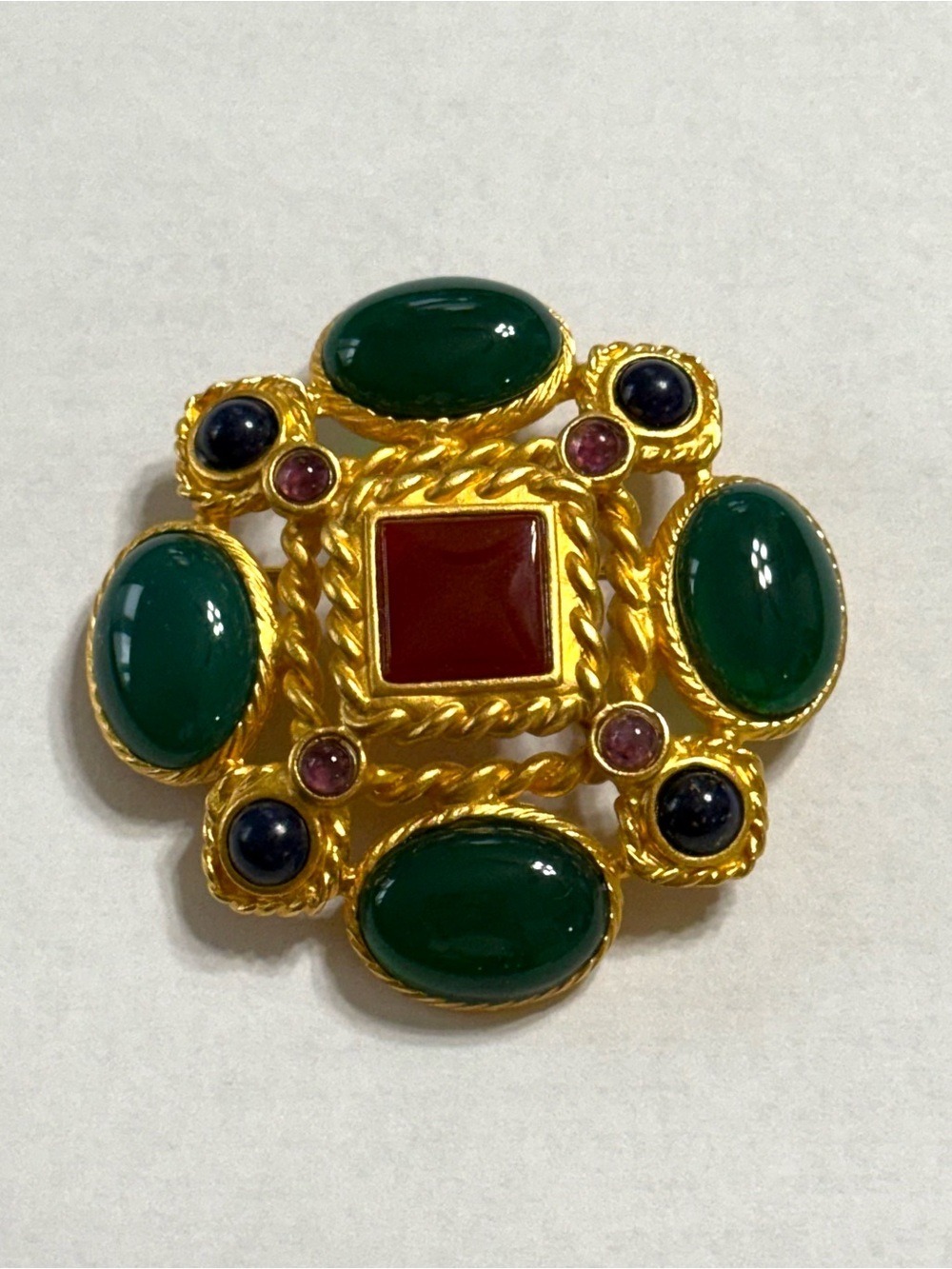 Leslie Block Vintage 90s Gold Tone Green Cabochon & Red Center Statement Brooch